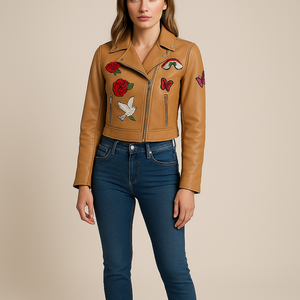 Chaqueta de Motociclista de Piel de Oveja con Parches Bordados Cortos Personalizables para Mujer, Diseño Sólido, Moda Motera para Invierno y Otoño - Product Image 6