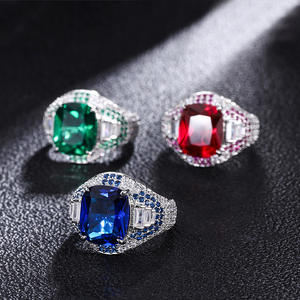 Bijoux de mode écologiques en cuivre, 10*12MM, zircon bleu, imitation verre bleu, strass carré, anneaux ajustables pour femmes - Product Image 3