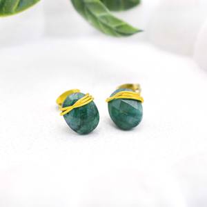 Handmade Dyed Emerald Wire-Wrapped Oval <b>Stud</b> Earrings 8-10mm Brass & <b>Silver</b> Gemstone Jewelry Gift - Product Image 2