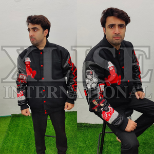 เสื้อแจ็คเก็ตวาร์ซิตี้ Xlise International Letterman กันน้ำ เป็นมิตรกับสิ่งแวดล้อม สำหรับฤดูหนาว ผู้ชาย แขนหนัง ผลิตจากปากีสถาน - Product Image 3