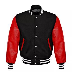 Chaqueta Universitaria de Béisbol Varsity Nueva, de Lana Negra Real con Mangas de Cuero Rojo, Chaquetas Varsity con Mangas de Cuero - Product Image 1