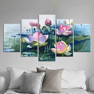 Impression sur toile de fleur de lotus : Art mural botanique abstrait, design imprimé, lot de 5 toiles assorties - Product Image 1
