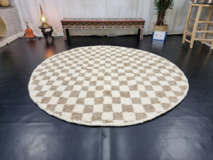 Round Shaped Wool Rug Tribal Moroccan Beni Ourain Area Rug Handmade Pale Brown Custom Size Checkerboard Rug for Living Room - Product Image 5