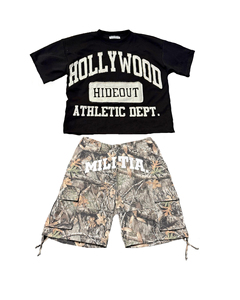 Venta al por mayor personalizado Premium peso pesado de punto de algodón gráfico camiseta pantalones cortos de gran tamaño hombro caído diseño sin dobladillo recortado Vintage - Product Image 2