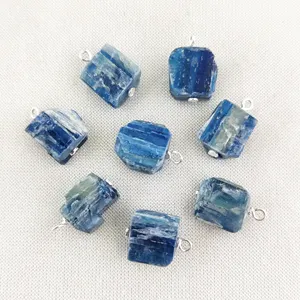 生蓝晶石魅力天然粗糙蓝晶石8-10毫米金黄925纯银金属丝包裹吊坠愈合水晶吊坠