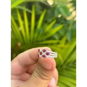 925 Silver Natural Ruby <b>Cluster</b> Ring Bezel Set Boho Style 24K Gold Plated Statement Ring for Everyday Wear Featuring Jade - Product Image 2
