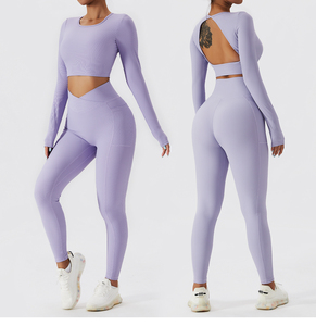 Nueva llegada de trajes de fitness de punto de cintura cruzada con logotipo personalizado para mujer conjuntos de gimnasio de color sólido-Venta caliente Leggings largos XL Active Wear - Product Image 6