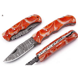 Gran oferta, cuchillos de bolsillo plegables de acero de Damasco hechos a mano personalizados con mango de madera de cuero, hermosos para acampar al aire libre, soporte OEM - Product Image 1