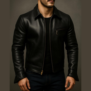 Chaqueta de Cuero Genuino Negra Clásica para Hombre, Impermeable, Ecológica, con Logotipo Frontal, Estilo Motero, Resistente al Viento, Servicio OEM - Product Image 1