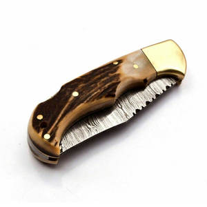 Venta al por mayor personalizado de alta calidad OEM ODM servicio hecho a mano de acero de Damasco hoja de punto de caída cuchillo de bolsillo plegable mango vaina - Product Image 3