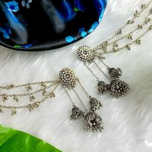 Efulgenz Indien Oxydé Jhumka Jhumki Tassles Boucles d'Oreilles en Cristal Ensemble avec Chaîne d'Oreille Grossiste Indien Bijoux pour Femmes - Product Image 2