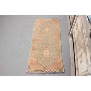 0.1x3.8 ft Rug, Vintage Turkish Rug, <b>Brown</b> Polka dot <b>Wool</b> Rug - Product Image 1