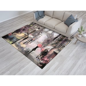 Alfombra de Lana con Diseño de Paisaje Urbano, Pintura de Mujer y Torre Eiffel, Revestimiento de Látex, Pelo Suave Ecológico - Product Image 4