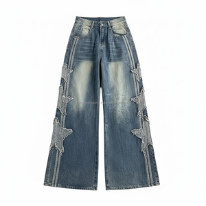 Jean baggy style Y2K à jambe courbée pour homme, en denim vintage délavé, tricoté, hiver, logo personnalisé, coupe ample rétro streetwear - Product Image 3