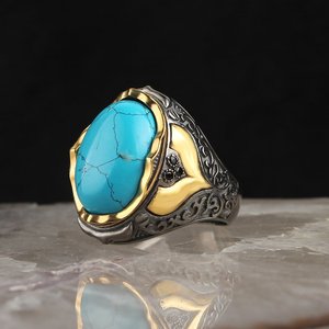 Anillo de Hombre Estilo Otomano Vintage Turco, Plata de Ley 925, Chapado en Rodio y Oro Bicolor, Modelo RCEGYT-416 - Product Image 1