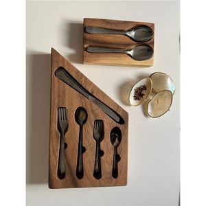 Organisateur de couverts en bois massif minimaliste, support à couverts empilable en noyer de luxe, boîte de rangement verticale moderne pour ustensiles pour la maison - Product Image 3