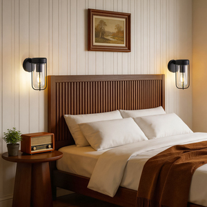 Lámpara de pared industrial negra E26 LED 2700K luz cálida para dormitorio, pantalla cilíndrica de vidrio, cuerpo de hierro, control con interruptor - Product Image 6
