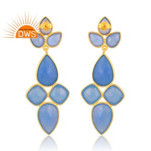 ต่างหูพลอยคาลซิโดนีธรรมชาติชุบทอง18K แบบห้อยอัญมณีสีฟ้า - Product Image 4