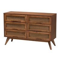 Ensembles de chambre à coucher chic vintage du milieu du siècle commode de lit à plate-forme en noyer 2 tables de chevet avec rotin tissé
