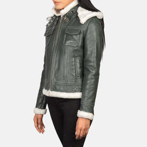 Veste en cuir Fiona Green Shearling avec capuche, légère, coupe-vent, style bomber, logo personnalisé, pour l'hiver - Product Image 3