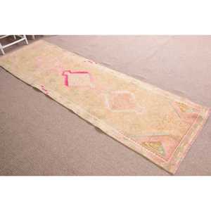 Turkish Vintage Rug, 2.8x10.2 ft <b>Runner</b> Rug, Pink <b>Green</b> Plants & trees Rug - Product Image 3