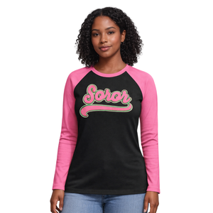 T-shirt à manches longues Raglan noir Sororité grecque pour femmes, rose et vert, vêtements décontractés élégants pour la sororité universitaire - Product Image 1