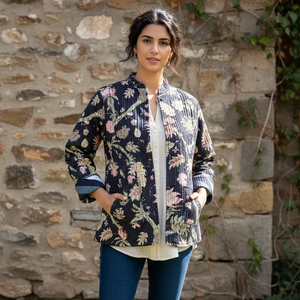 Veste pour femme, écologique, respirante, réversible, matelassée, avec imprimé floral, 100% coton, manches longues, prête pour l'hiver - Product Image 1