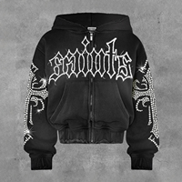 Sudadera con capucha y cremallera para hombre, estilo streetwear de invierno, corte cropped y holgado, 180 GSM, de felpa francesa, con efecto descolorido por el sol, pedrería y lavado ácido, de algodón/bambú