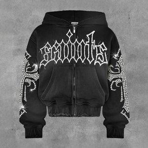 Streetwear personnalisé recadrée Boxy 450 g/m² en éponge française délavé au soleil strass à l'acide sweat à capuche zippé en coton mélangé - Product Image 2