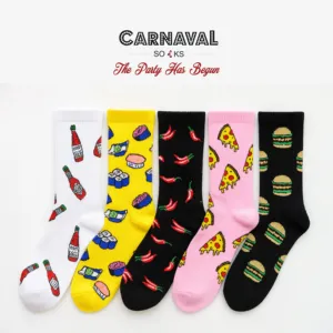 Fast Food Patterned 5-Pack Ribbed <b>Socks</b> Cozy 100% Cotton with Embroidery One Size Fits All Summer Breathable Heat Features - Product Image 2