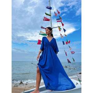 Women Tie Dye Kaftan Solid Blue Knitted Floor-Length V Neck Natural Waistline Washable Flowy Beach Wear Summer Resort Boho Long - Product Image 2