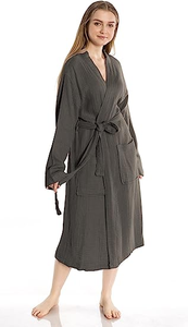 Accappatoio Unisex in Mussola di Cotone Organico a 4 Strati, Lussuoso Vestaglia SPA con Chiusura a Coulisse, Traspirante e ad Asciugatura Rapida, Estivo, Tinta Unita, Lavorato a Maglia - Product Image 6
