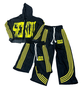 ชุดเซ็ตเสื้อฮู้ดครอปซิปสไตล์สตรีทแวร์ผู้ชาย ลุคทำเก่าแบบ Acid Wash ผ้าหนา ประดับคริสตัล พร้อมกางเกงขายาวมีแถบข้าง - Product Image 1