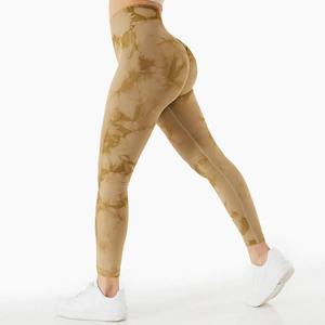 Mallas fruncidas sin costuras de cintura alta para mujer, pantalones de Yoga transpirables con tinte anudado con tejido de punto, mallas fruncidas para entrenar el trasero - Product Image 1