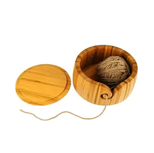 有吸引力的纱球储物圆形木纱碗带盖手工木制或竹纱碗羊毛储物盒针织碗