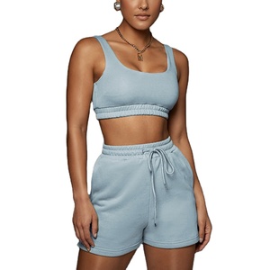 2025 confortable coton Joggers entraînement femmes de haute qualité Logo personnalisé haut court et pantalon court ensemble motif solide - Product Image 2