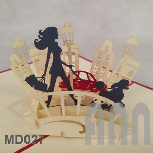 Carte de vœux 3D pop-up Fille promenant son chien, en papier fait main, Souvenir du Vietnam, pour Anniversaire, Baby Shower, Saint-Valentin, Fête des Mères - Product Image 6