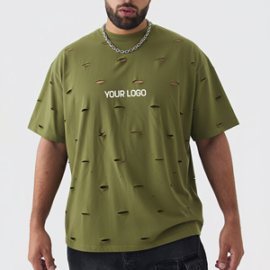 T-shirt de haute qualité 100% coton surdimensionné de style hip-hop, déchiré sur toute la surface, impression personnalisée de logo, t-shirt léger pour homme - Product Image 1