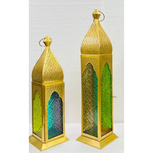 Faroles Modernos de Estilo Marroquí de Metal Dorado con Paneles de Vidrio Multicolores, Farol Decorativo Colgante Hecho a Mano para Decoración del Hogar - Product Image 1