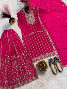 เสื้อใส่ในงานเทศกาลผ้าไหมลายปักลายและพาลาซโซด้วยการปักลายลูกไม้เรียงตามลำดับ - Product Image 4