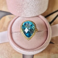 Bague de fiançailles et de mariage pour femme en argent sterling 925 plaqué or avec topaze bleue naturelle, pierre précieuse indienne, par un tiers
