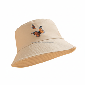 Trendy Beige Butterfly Embroidery Bucket <b>Hat</b> - Unisex Cotton Butterfly Print Fisherman Cap - Fashionable Aesthetic <b>Summer</b> Sun - Product Image 2