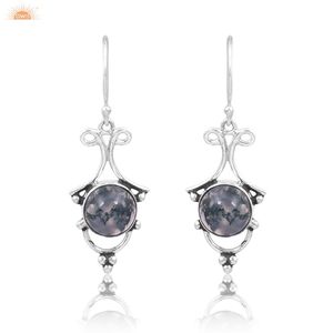 Boucles d'oreilles pendantes de forme ronde en agate de mousse véritable Boucles d'oreilles Boho faites à la main Cadeau pour femme - Product Image 1