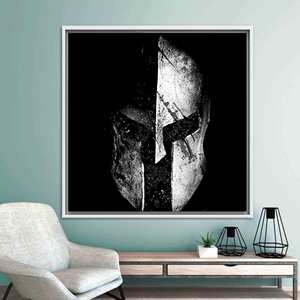 Arte en Vidrio de Casco Espartano: Lienzo Impreso con la Frase Molon Labe, Decoración para Cuarto de Hombre, Lienzo Enmarcado en Blanco - Product Image 1