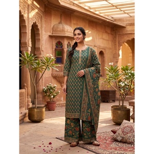 Magnífico Conjunto Salwar de Georgette de Algodón Étnico para Mujer, Color Verde Impresionante, Completamente a Juego, con un Hermoso Flujo y Secado Rápido - Product Image 1