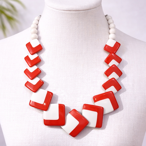 Crimson Chevron Statement Handcrafted Christian Resin Oval <b>Disc</b> Beaded Necklace - Product Image 1