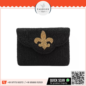 Premium Mini Clutch Evening Party Black Beaded Envelope Shape Classic Gold Fleur De Lis Detachable Chain Available Bulk Discount - Product Image 6