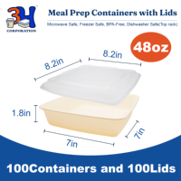 Contenants de préparation de repas 3H 48oz, lot de 100 (200 pièces), avec couvercles carrés, sans BPA, compatibles micro-ondes/lave-vaisselle/congélateur, anti-fuite, empilables