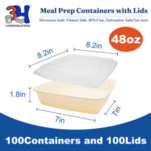 Contenitori per la preparazione dei pasti 3H da 48 once, confezione da 100, 200 pezzi di contenitori quadrati per alimenti da asporto con coperchi, senza BPA, adatti a microonde/lavastoviglie/congelatore - Product Image 2