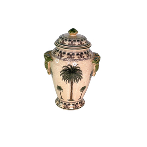 Urne funéraire en céramique de style arabe avec motif palmier, couleur marron, pour commémoration adulte, personnalisable, décorative. - Product Image 1